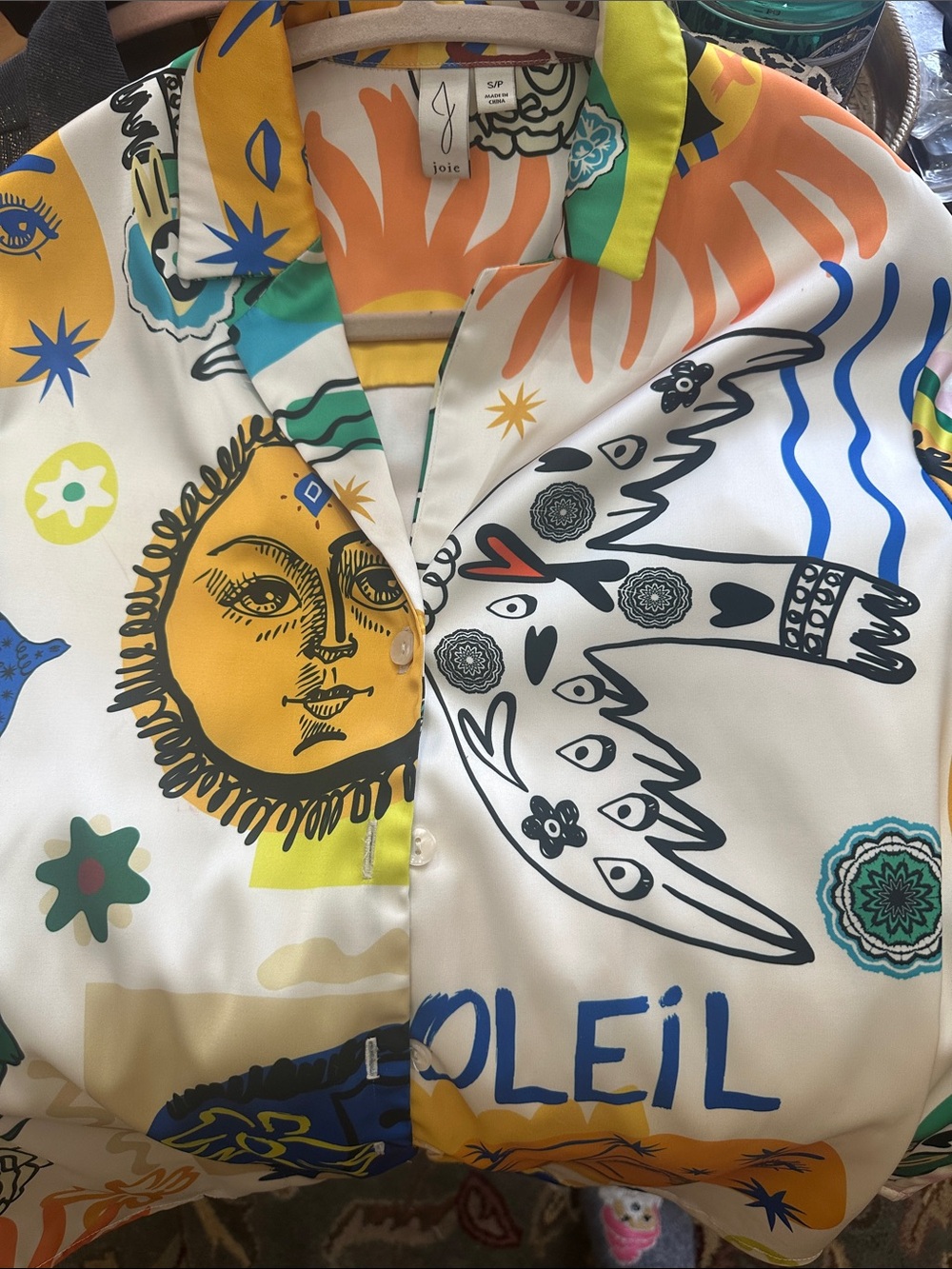 Joie Sun & Bird Silk-Blend Shirt in Yellow, Blue, Green